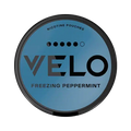 Blue container of VELO nicotine pouches with 'Freezing Peppermint' flavor on a white background
