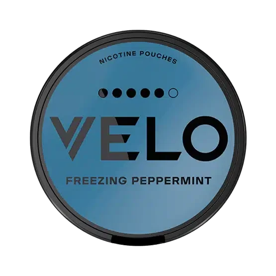 Blue container of VELO nicotine pouches with 'Freezing Peppermint' flavor on a white background